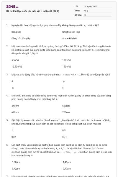 Đề thi thử thpt quốc gia môn vật lí mới nhất (Đề 2)