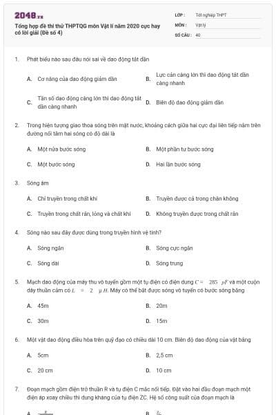 Tổng hợp đề thi thử THPTQG môn Vật lí năm 2020 cực hay có lời giải (Đề số 4)