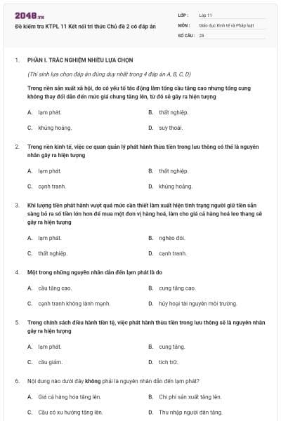 Đề kiểm tra KTPL 11 Kết nối tri thức Chủ đề 2 có đáp án