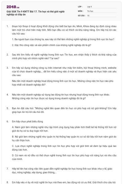 Giải SGK Tin 9 KNTT Bài 17. Tin học và thế giới nghề nghiệp có đáp án