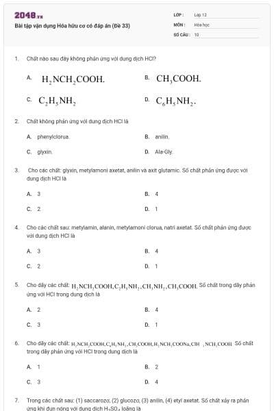 Bài tập vận dụng Hóa hữu cơ có đáp án (Đề 33)