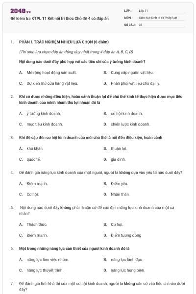 Đề kiểm tra KTPL 11 Kết nối tri thức Chủ đề 4 có đáp án