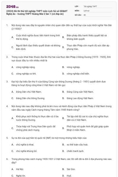 (2024) Đề thi thử tốt nghiệp THPT môn Lịch Sử sở GD&ĐT Nghệ An - trường THPT Hoàng Mai 2 lần 1 (có đáp án)