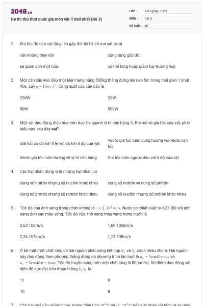 Đề thi thử thpt quốc gia môn vật lí mới nhất (Đề 3)
