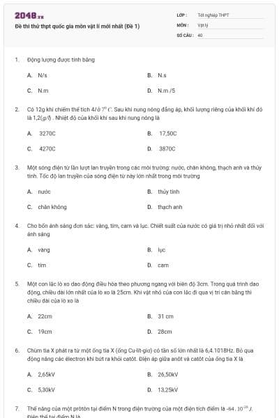 Đề thi thử thpt quốc gia môn vật lí mới nhất (Đề 1)
