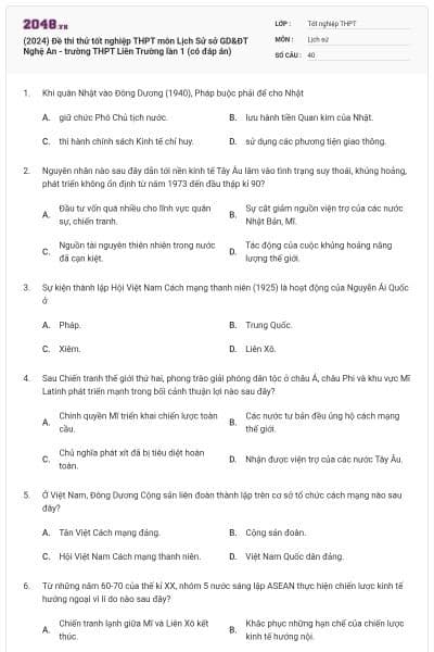 (2024) Đề thi thử tốt nghiệp THPT môn Lịch Sử sở GD&ĐT Nghệ An - trường THPT Liên Trường lần 1 (có đáp án)