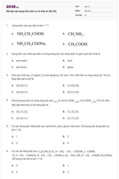 Bài tập vận dụng Hóa hữu cơ có đáp án (Đề 36)