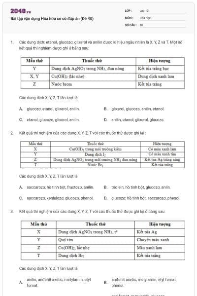 Bài tập vận dụng Hóa hữu cơ có đáp án (Đề 40)