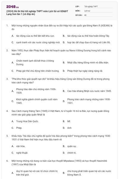 (2024) Đề thi thử tốt nghiệp THPT môn Lịch Sử sở GD&ĐT Lạng Sơn lần 1 (có đáp án)