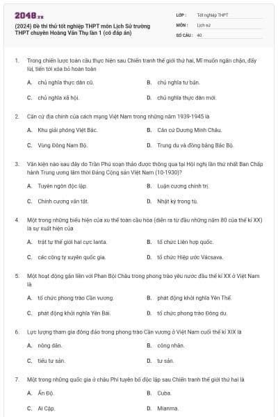 (2024) Đề thi thử tốt nghiệp THPT môn Lịch Sử trường THPT chuyên Hoàng Văn Thụ lần 1 (có đáp án)
