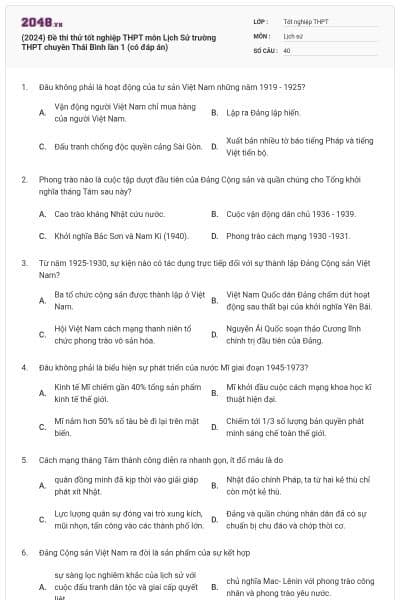 (2024) Đề thi thử tốt nghiệp THPT môn Lịch Sử trường THPT chuyên Thái Bình lần 1 (có đáp án)
