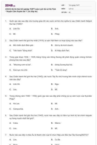 (2024) Đề thi thử tốt nghiệp THPT môn Lịch Sử sở Hà Tỉnh - Huyện Cẩm Xuyên lần 1 (có đáp án)