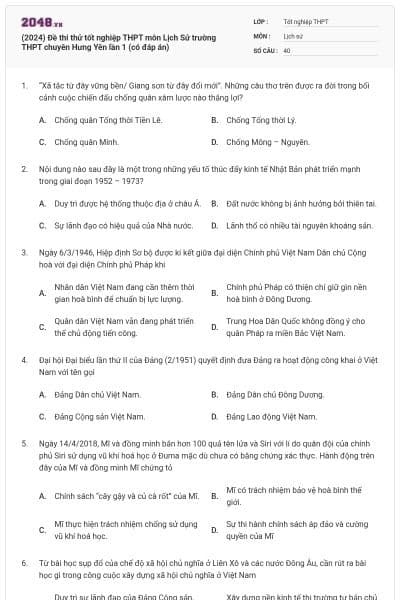 (2024) Đề thi thử tốt nghiệp THPT môn Lịch Sử trường THPT chuyên Hưng Yên lần 1 (có đáp án)