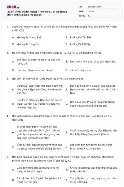 (2024) Đề thi thử tốt nghiệp THPT môn Lịch Sử trường THPT Tĩnh Gia lần 2 (có đáp án)