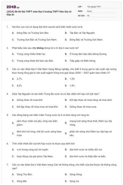 (2024) Đề thi thử THPT môn Địa lí trường THPT Hòn Gai có đáp án