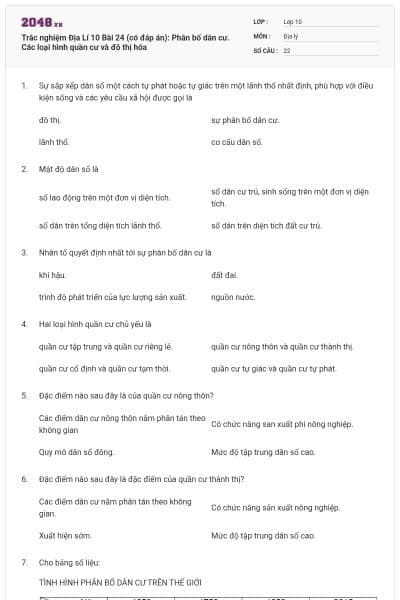 Trắc nghiệm Địa Lí 10 Bài 24 (có đáp án): Phân bố dân cư. Các loại hình quần cư và đô thị hóa