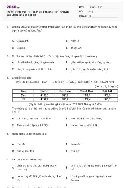 (2024) Đề thi thử THPT môn Địa lí trường THPT Chuyên Bắc Giang lần 2 có đáp án