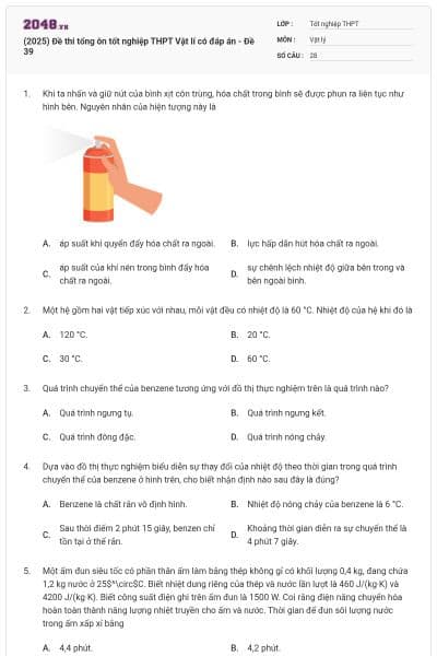 (2025) Đề thi tổng ôn tốt nghiệp THPT Vật lí có đáp án - Đề 39