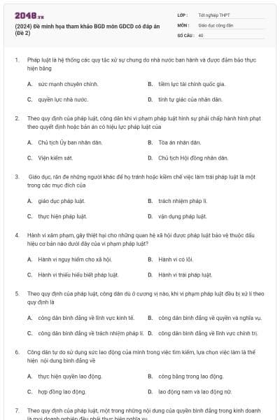 (2024) Đề minh họa tham khảo BGD môn GDCD có đáp án (Đề 2)