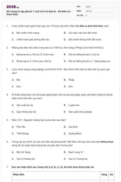 Đề cương ôn tập giữa kì 1 Lịch sử 8 có đáp án - Đề kiểm tra tham khảo