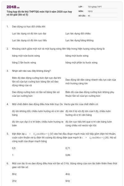 Tổng hợp đề thi thử THPTQG môn Vật lí năm 2020 cực hay có lời giải (Đề số 5)