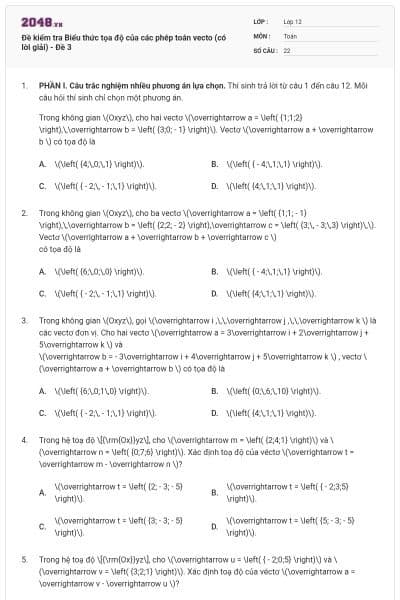 Đề kiểm tra Biểu thức tọa độ của các phép toán vecto (có lời giải) - Đề 3