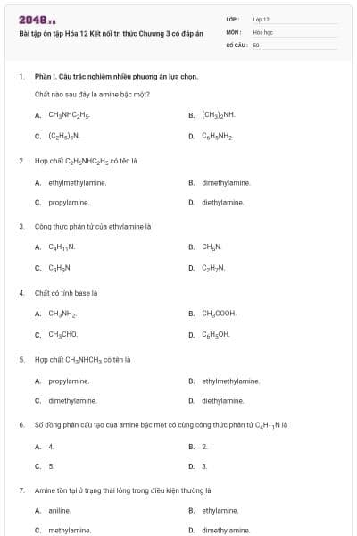 Bài tập ôn tập Hóa 12 Kết nối tri thức Chương 3 có đáp án