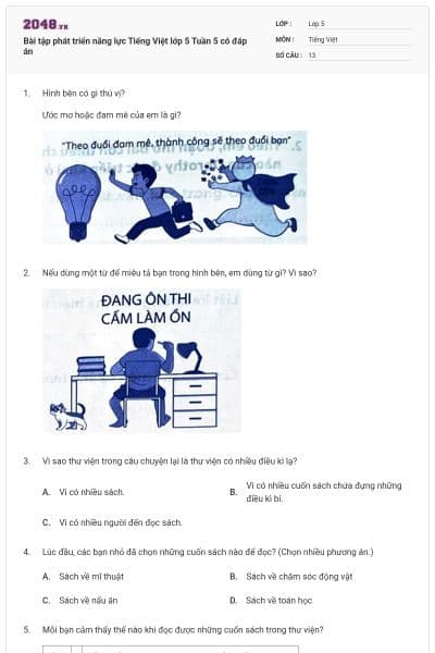 Bài tập phát triển năng lực Tiếng Việt lớp 5 Tuần 5 có đáp án