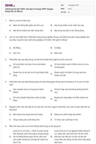 (2024) Đề thi thử THPT môn Địa lí Trường THPT Chuyên Hưng Yên có đáp án