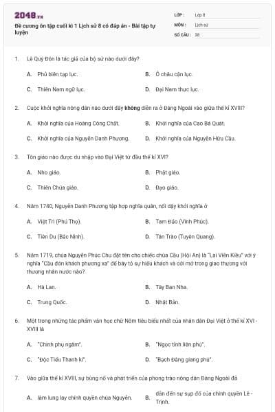 Đề cương ôn tập cuối kì 1 Lịch sử 8 có đáp án - Bài tập tự luyện