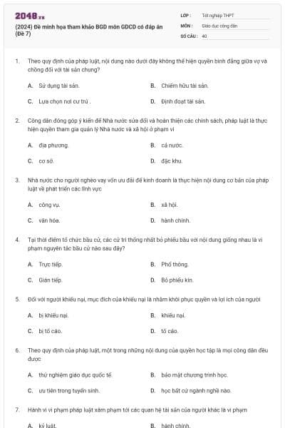 (2024) Đề minh họa tham khảo BGD môn GDCD có đáp án (Đề 7)