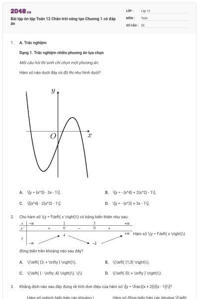 Bài tập ôn tập Toán 12 Chân trời sáng tạo Chương 1 có đáp án