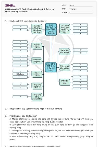 Giải Công nghệ 12 Cánh diều Ôn tập chủ đề 2: Trồng và chăm sóc rừng có đáp án