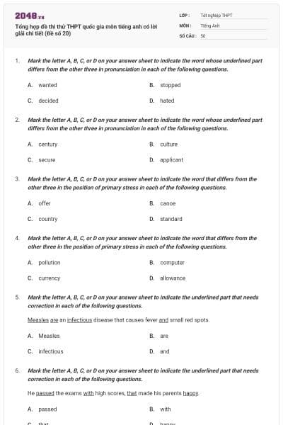 Tổng hợp đề thi thử THPT quốc gia môn tiếng anh có lời giải chi tiết (Đề số 20)