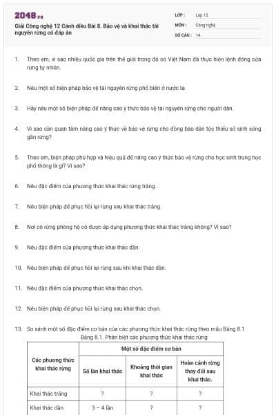 Giải Công nghệ 12 Cánh diều Bài 8. Bảo vệ và khai thác tài nguyên rừng có đáp án