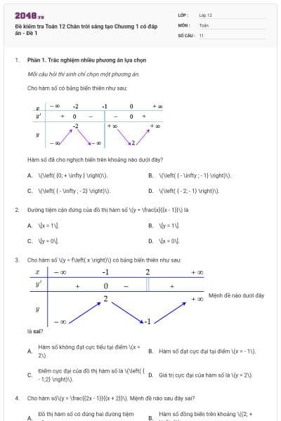 Đề kiểm tra Toán 12 Chân trời sáng tạo Chương 1 có đáp án - Đề 1