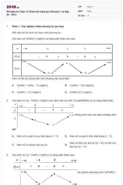 Đề kiểm tra Toán 12 Chân trời sáng tạo Chương 1 có đáp án - Đề 2