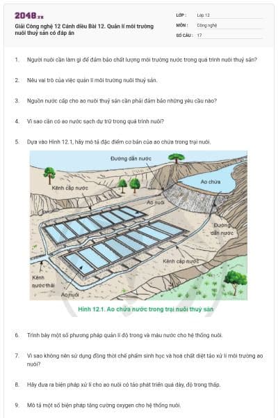 Giải Công nghệ 12 Cánh diều Bài 12. Quản lí môi trường nuôi thuỷ sản có đáp án