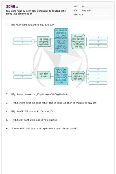 Giải Công nghệ 12 Cánh diều Ôn tập chủ đề 6: Công nghệ giống thủy sản có đáp án