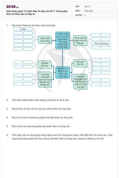 Giải Công nghệ 12 Cánh diều Ôn tập chủ đề 7: Công nghệ thức ăn thủy sản có đáp án