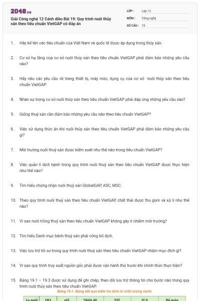 Giải Công nghệ 12 Cánh diều Bài 19: Quy trình nuôi thủy sản theo tiếu chuẩn VietGAP có đáp án