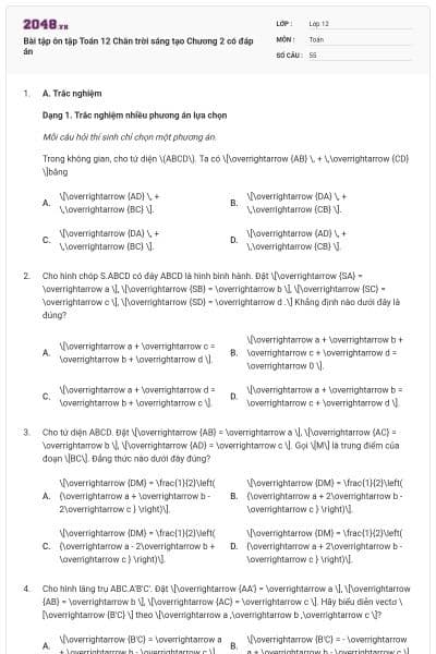 Bài tập ôn tập Toán 12 Chân trời sáng tạo Chương 2 có đáp án