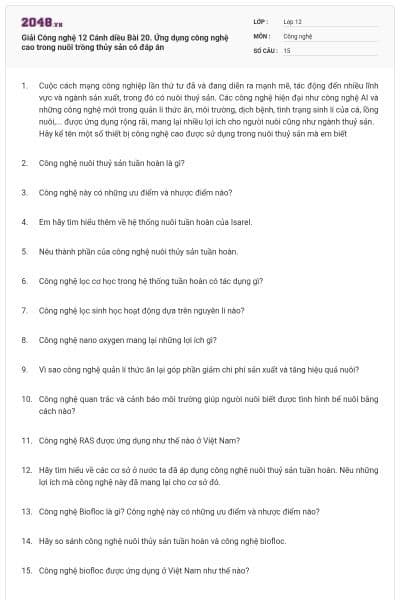 Giải Công nghệ 12 Cánh diều Bài 20. Ứng dụng công nghệ cao trong nuôi trồng thủy sản có đáp án