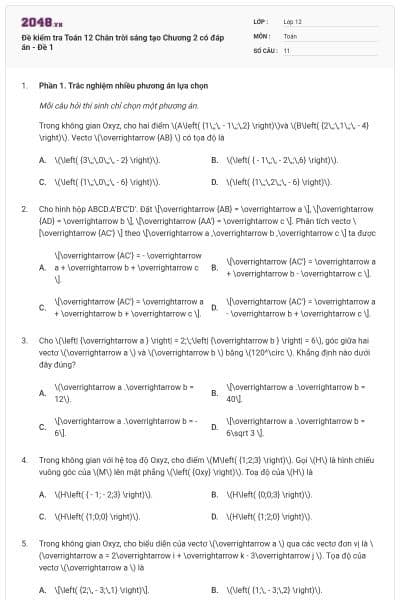 Đề kiểm tra Toán 12 Chân trời sáng tạo Chương 2 có đáp án - Đề 1