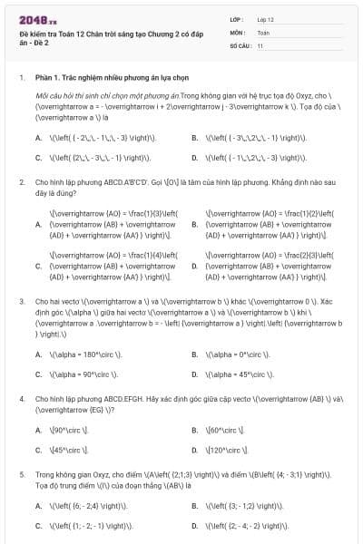 Đề kiểm tra Toán 12 Chân trời sáng tạo Chương 2 có đáp án - Đề 2