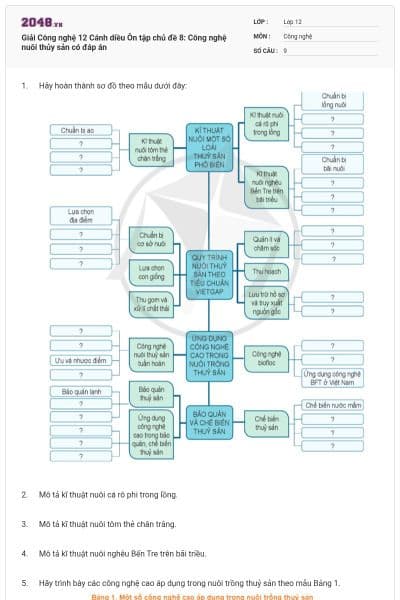 Giải Công nghệ 12 Cánh diều Ôn tập chủ đề 8: Công nghệ nuôi thủy sản có đáp án
