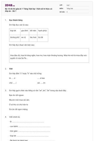 Bộ 10 đề thi giữa kì 1 Tiếng Việt lớp 1 Kết nối tri thức có đáp án - Đề 1