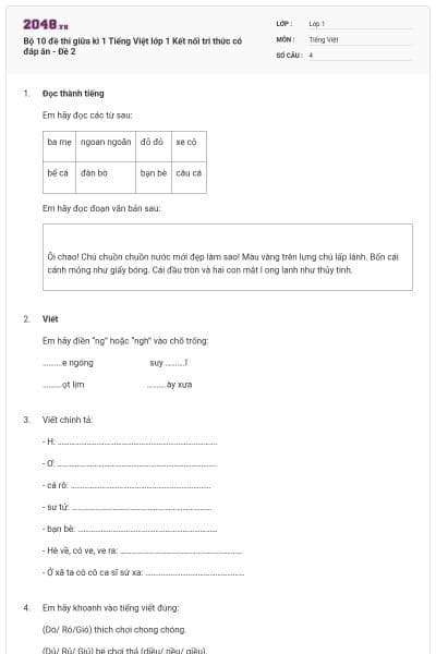 Bộ 10 đề thi giữa kì 1 Tiếng Việt lớp 1 Kết nối tri thức có đáp án - Đề 2