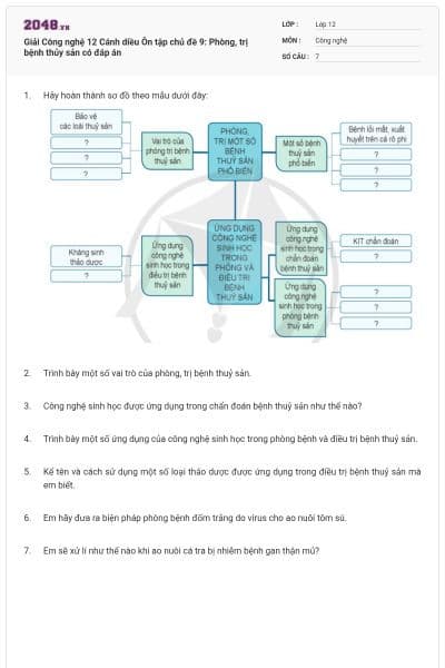 Giải Công nghệ 12 Cánh diều Ôn tập chủ đề 9: Phòng, trị bệnh thủy sản có đáp án