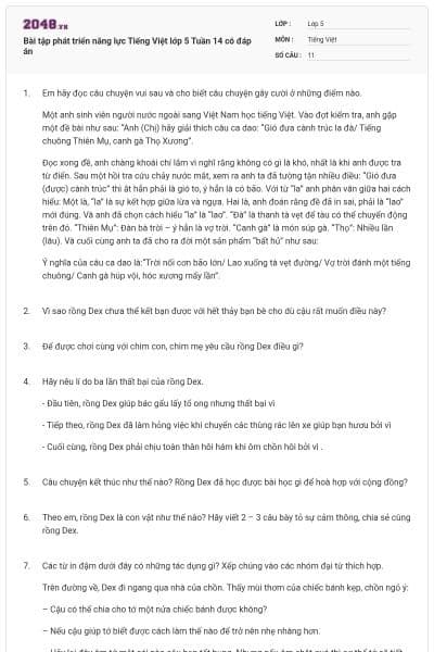 Bài tập phát triển năng lực Tiếng Việt lớp 5 Tuần 14 có đáp án